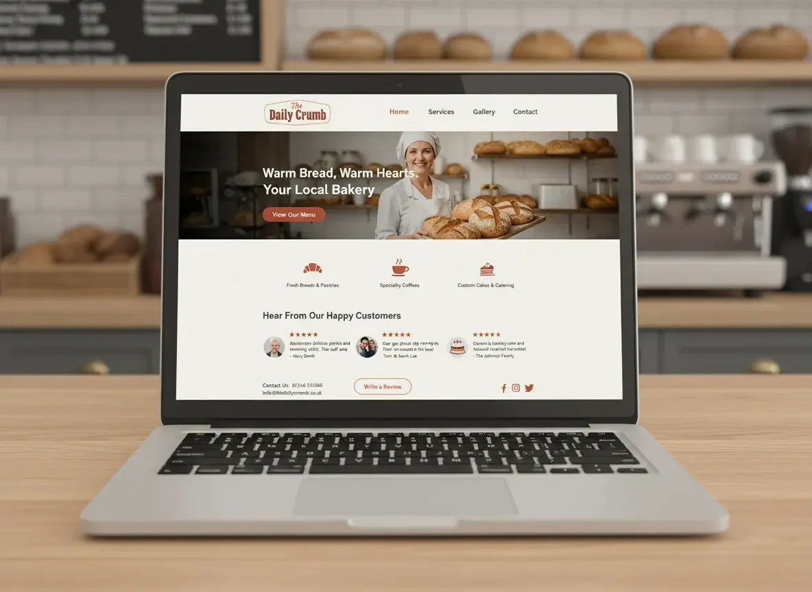 Laptop showing a simple service site with reviews.
