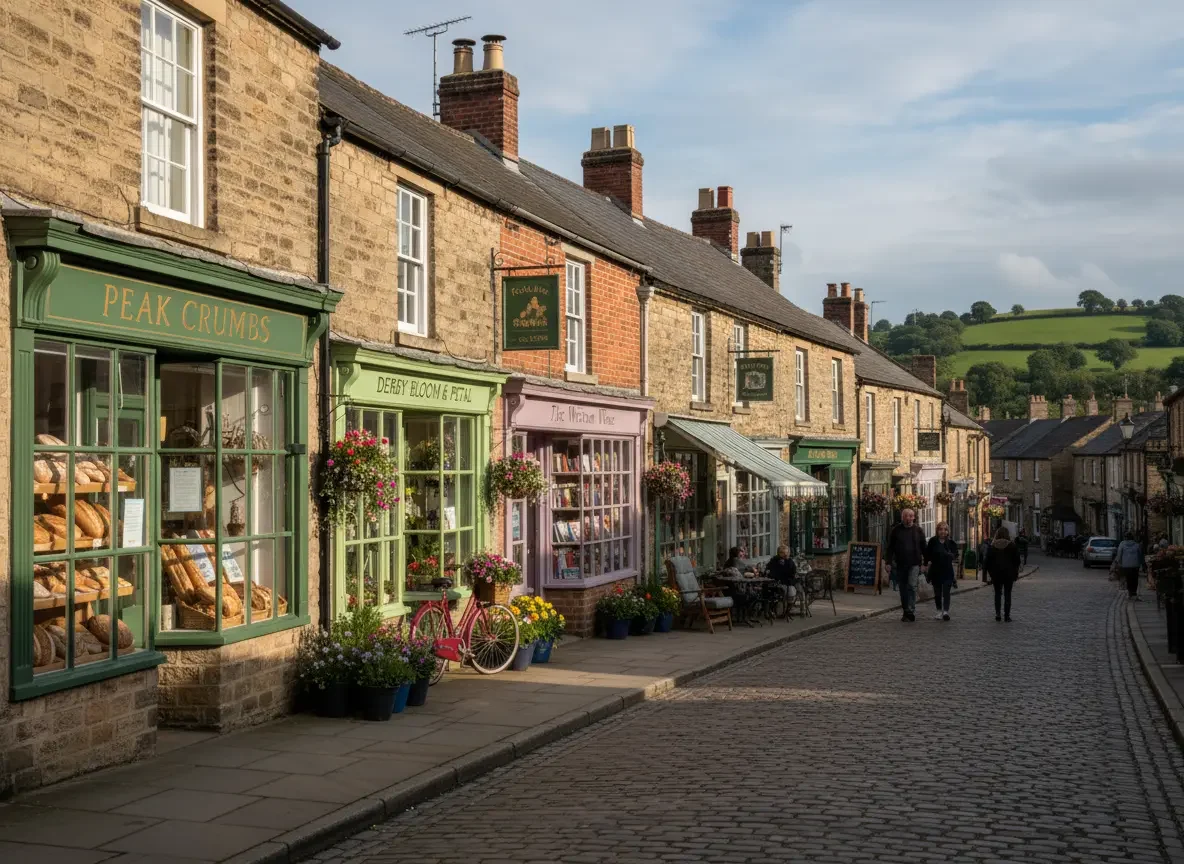 Street-level shot of independent shops in Derbyshire.