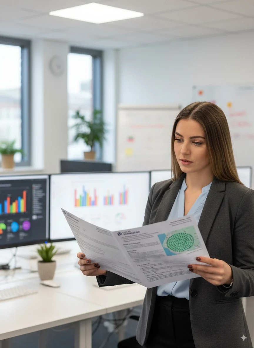 Woman holding a blurred professional report in a modern SEO agency office