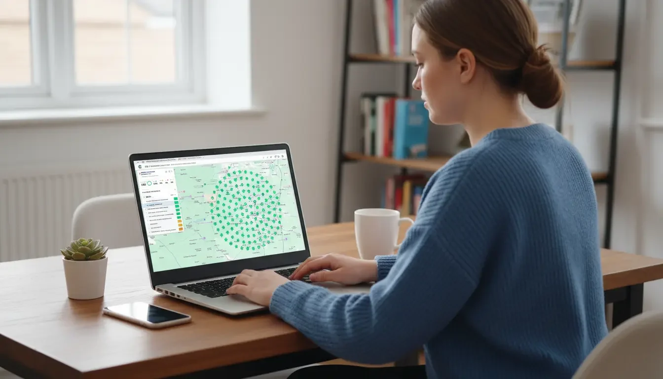 woman working on local seo from laptop with rank map on display